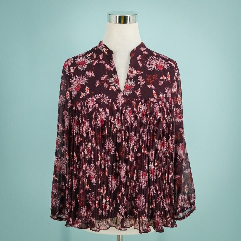 Whistles Size 8 Dark Red Floral Print Pleated V Neck Long Sleeve Top Blouse